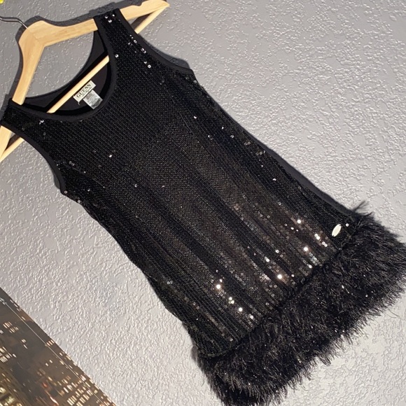 Guess Tops - GUESS - tank w black sequins and faux feather fluff on the hem - L
